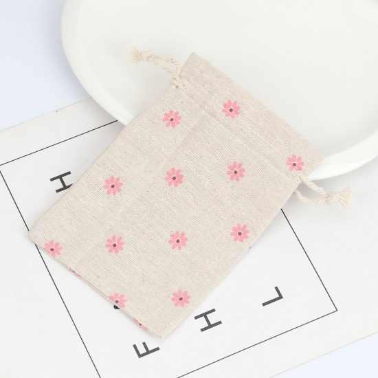 Picture of Cotton Cloth Drawstring Bags Rectangle Light Khaki Flower (Usable Space: Approx 11x10cm) 14cm(5 4/8") x 10cm(3 7/8"), 5 PCs