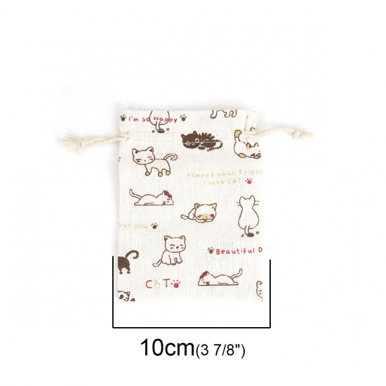 Picture of Cotton Cloth Drawstring Bags Rectangle Off-white Cat (Usable Space: Approx 11x10cm) 14cm(5 4/8") x 10cm(3 7/8"), 5 PCs