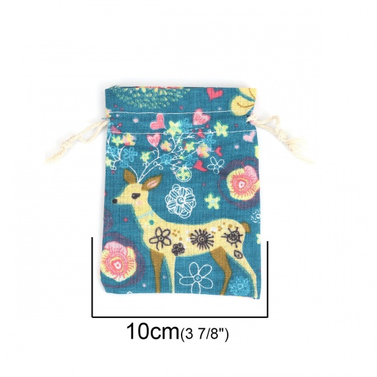 Picture of Cotton Cloth Drawstring Bags Rectangle Blue Deer (Usable Space: Approx 11x10cm) 14cm(5 4/8") x 10cm(3 7/8"), 5 PCs
