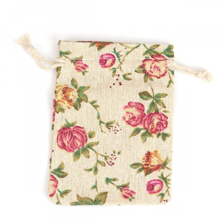 Bild von Baumwolle (Nicht 100%) Stoff Kordelzug Beutel Rechteck Khaki Blumen (Nutzraum: ca. 11x10cm) 14cm x 10cm, 5 Stück