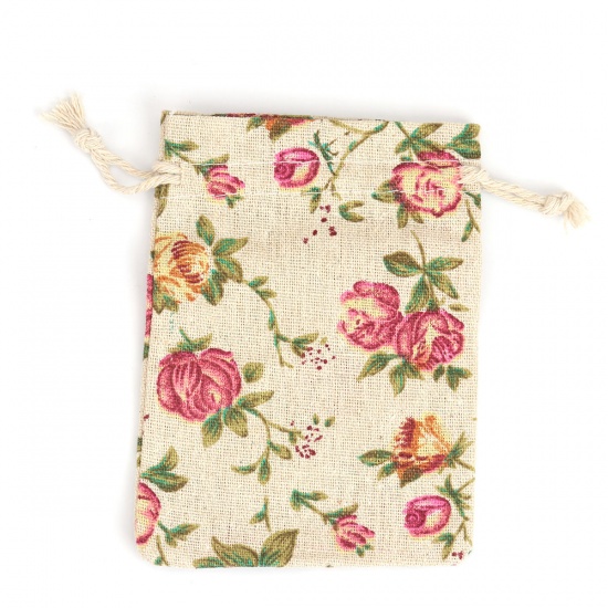 Picture of Cotton Cloth Drawstring Bags Rectangle Khaki Flower (Usable Space: Approx 11x10cm) 14cm(5 4/8") x 10cm(3 7/8"), 5 PCs