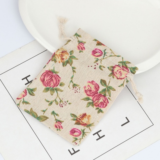 Picture of Cotton Cloth Drawstring Bags Rectangle Khaki Flower (Usable Space: Approx 11x10cm) 14cm(5 4/8") x 10cm(3 7/8"), 5 PCs