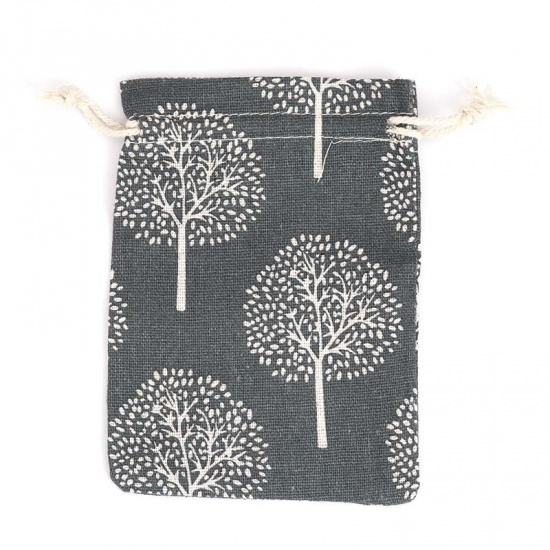 Picture of Cotton Cloth Drawstring Bags Rectangle Gray Black Tree (Usable Space: Approx 11x10cm) 14cm(5 4/8") x 10cm(3 7/8"), 5 PCs