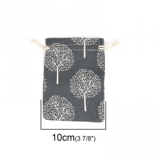 Picture of Cotton Cloth Drawstring Bags Rectangle Gray Black Tree (Usable Space: Approx 11x10cm) 14cm(5 4/8") x 10cm(3 7/8"), 5 PCs