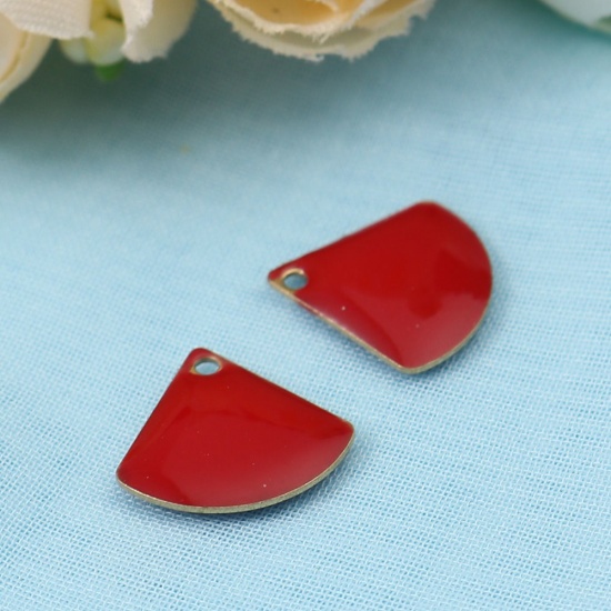 Picture of Brass Charms Fan-shaped Brass Color Red 13mm x 12mm, 10 PCs                                                                                                                                                                                                   