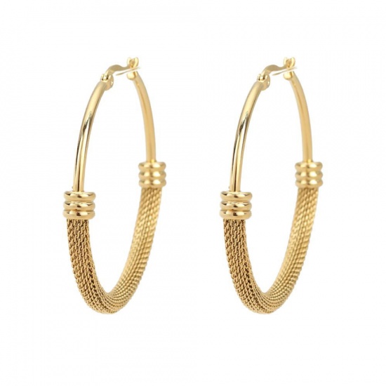 Imagen de 304 Acero Inoxidable Pendientes Círculos Chapado en Oro Ronda Hueco 29mm x 28mm, Post/ Wire Size: (17 gauge), 1 Par