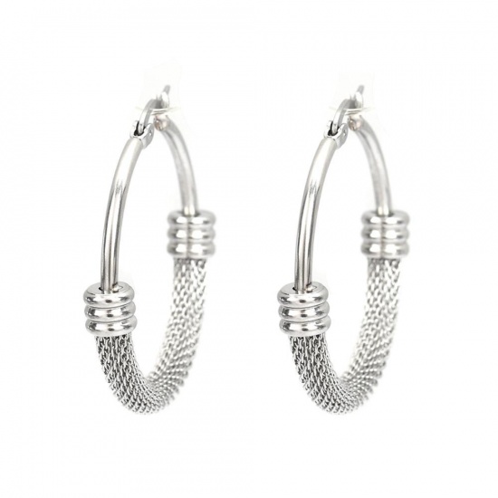 Imagen de 304 Acero Inoxidable Pendientes Círculos Chapado en Oro Ronda Hueco 3.9cm x 3.7cm, Post/ Wire Size: (17 gauge), 1 Par