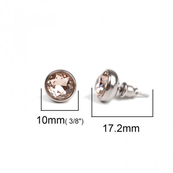 Picture of 304 Stainless Steel Birthstone Ear Post Stud Earrings Silver Tone Round AB Color Rhinestone 10mm Dia., Post/ Wire Size: (21 gauge), 1 Pair