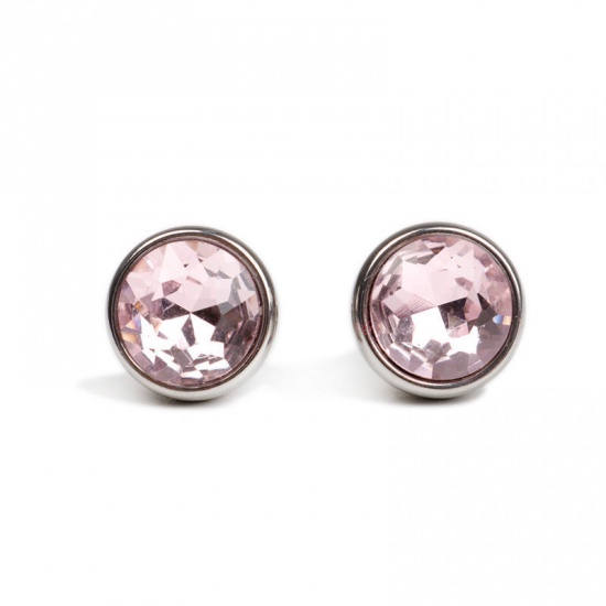 Picture of 304 Stainless Steel Birthstone Ear Post Stud Earrings Silver Tone Round AB Color Rhinestone 10mm Dia., Post/ Wire Size: (21 gauge), 1 Pair