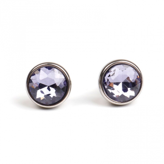 Picture of 304 Stainless Steel June Birthstone Ear Post Stud Earrings Silver Tone Round Purple Rhinestone 10mm Dia., Post/ Wire Size: (21 gauge), 1 Pair