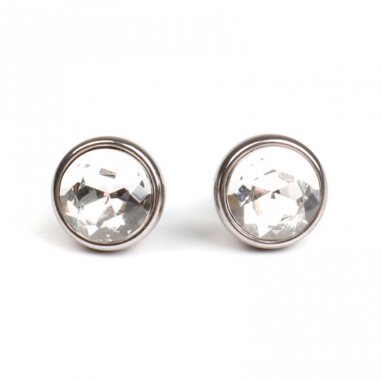 Picture of 304 Stainless Steel September Birthstone Ear Post Stud Earrings Silver Tone Round Dark Blue Rhinestone 10mm Dia., Post/ Wire Size: (21 gauge), 1 Pair
