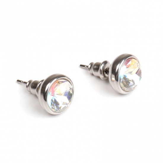 Picture of 304 Stainless Steel Ear Post Stud Earrings Silver Tone Round Multicolor Rhinestone 10mm Dia., Post/ Wire Size: (21 gauge), 1 Pair