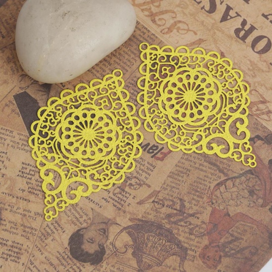 Picture of Brass Pendants Yellow Oval Heart Filigree Stamping 5.8cm x 3.7cm, 5 PCs                                                                                                                                                                                       
