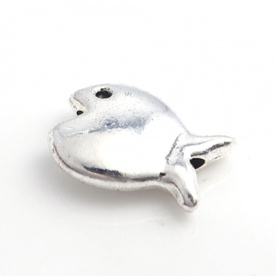 Picture of Zinc Based Alloy Ocean Jewelry Beads Fish Animal Antique Silver Color 16mm x 10mm, Hole: Approx 1.8mm, 50 PCs