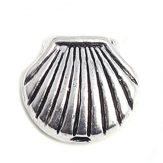 Bild von Zinklegierung Ozean Schmuck Perlen Muschel Antiksilber 12mm x 10mm, Loch:ca. 1.7mm, 100 Stück