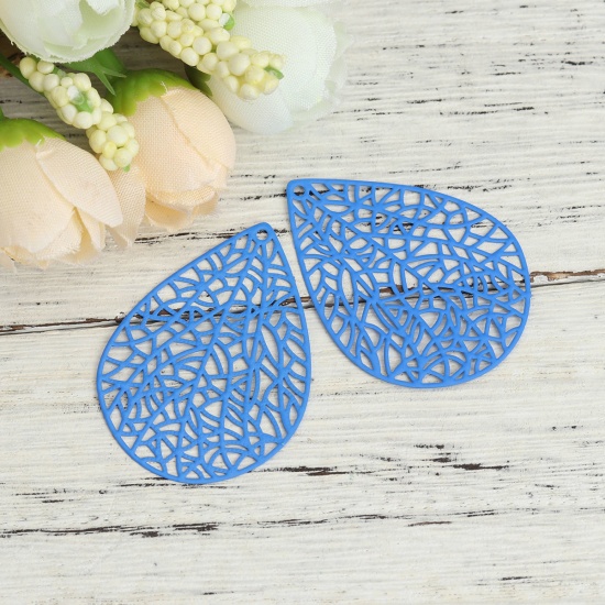 Immagine di Ottone Filigree Stamping Ciondoli Colore Viola Goccia 40mm x 30mm, 10 Pz