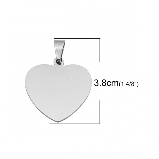 Picture of 304 Stainless Steel Blank Stamping Tags Pendants Heart Silver Tone One-sided Polishing 3.8cm x 3cm, 1 Piece