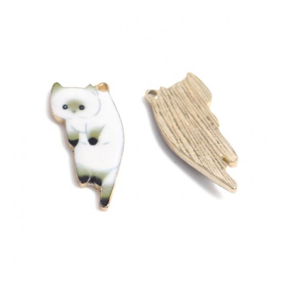 Picture of Zinc Based Alloy Charms Cat Animal Gold Plated White Enamel 25mm x 11mm, 10 PCs