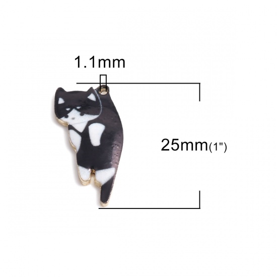 Picture of Zinc Based Alloy Charms Cat Animal Gold Plated Black & White Enamel 25mm x 11mm, 10 PCs