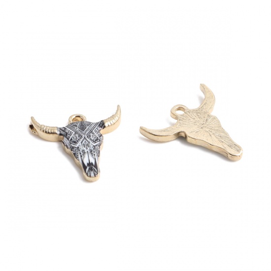 Picture of Zinc Based Alloy Charms Cow Animal Gold Plated Black & White Enamel 22mm x 21mm, 10 PCs
