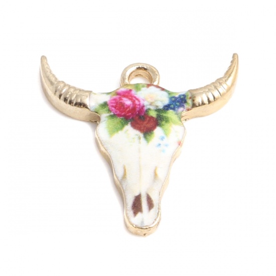 Изображение Подвески Корова Позолоченный Разноцветный Цветок С Эмалью 22мм x 21мм, 10 ШТ