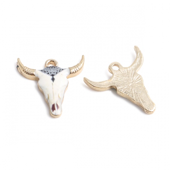 Picture of Zinc Based Alloy Charms Cow Animal Gold Plated Beige Enamel 22mm x 21mm, 10 PCs