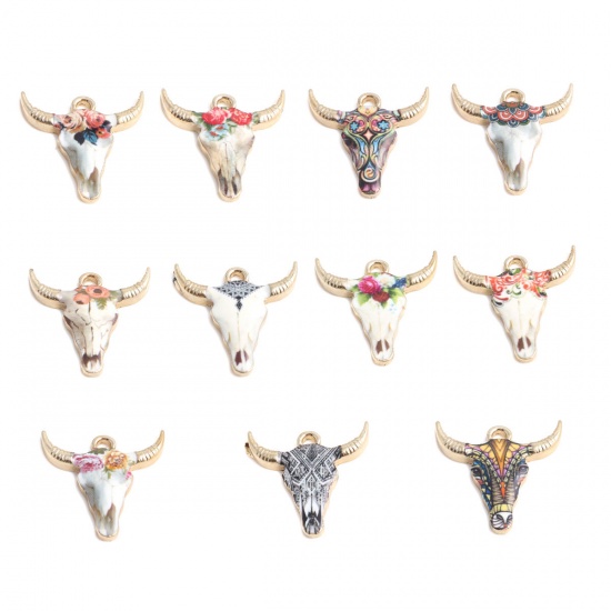 Picture of Zinc Based Alloy Charms Cow Animal Gold Plated Beige Enamel 22mm x 21mm, 10 PCs