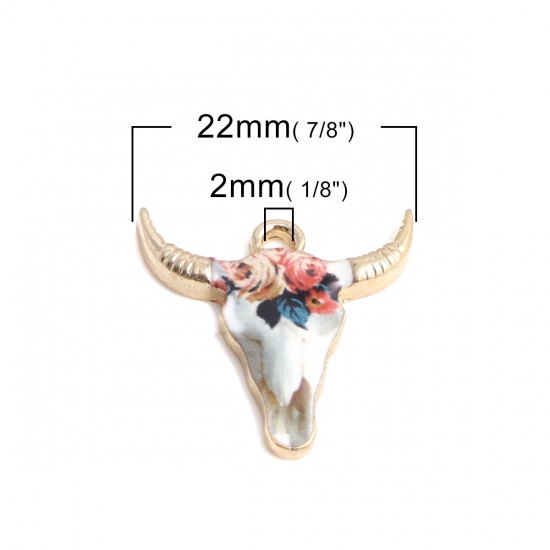Picture of Zinc Based Alloy Charms Cow Animal Gold Plated Multicolor Flower Enamel 22mm x 21mm, 10 PCs