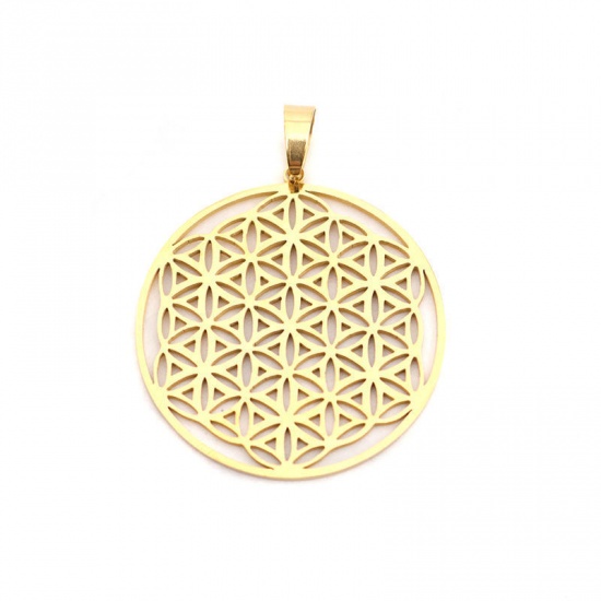 Image de Pendentifs en Acier Inoxydable Rond Doré Fleur de Vie Creux 4.9cm x 3.8cm , 1 Pièce