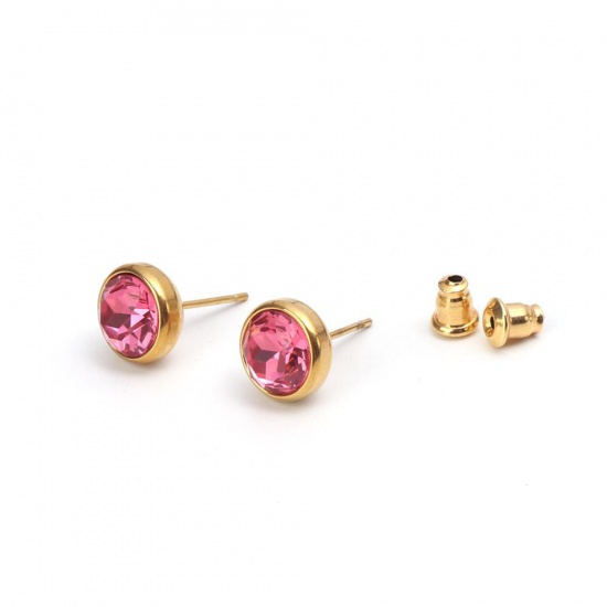 Picture of July Birthstone - Stainless Steel Ear Post Stud Earrings Gold Plated Round Pink Rhinestone 10mm Dia., Post/ Wire Size: (20 gauge), 2 PCs