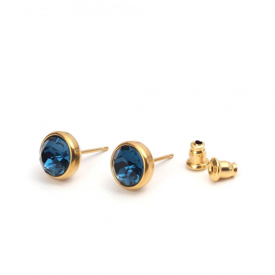 Picture of March Birthstone - Stainless Steel Ear Post Stud Earrings Gold Plated Round Light Blue Rhinestone 10mm Dia., Post/ Wire Size: (20 gauge), 2 PCs