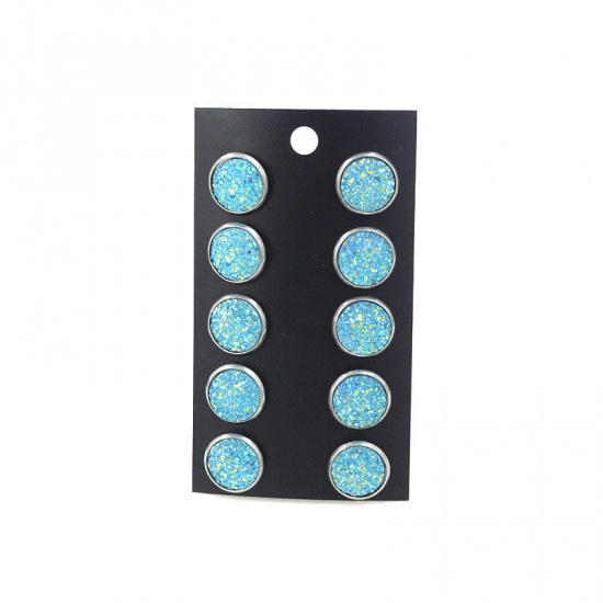 Picture of Stainless Steel Druzy/ Drusy Ear Post Stud Earrings Silver Tone Lake Blue Round Mixed With Resin Cabochons 12mm Dia., Post/ Wire Size: (21 gauge), 1 Plate (Approx 5 Pairs/Plate)
