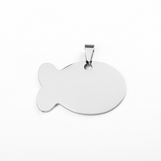 Picture of 304 Stainless Steel Pendants Fish Animal Silver Tone Blank Stamping Tags One Side 3.5cm x 3cm, 1 Piece