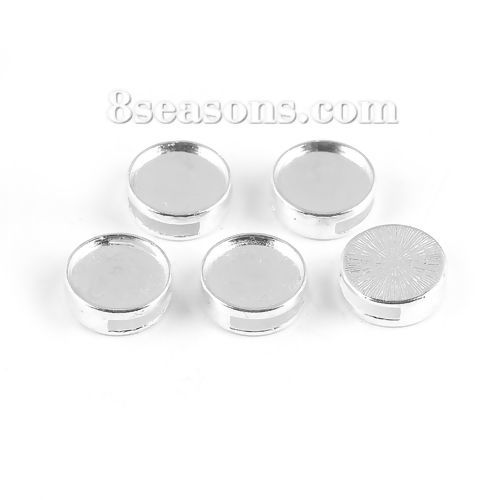 Picture of Zinc Based Alloy Slide Beads Flat Round Silver Plated Cabochon Settings (Fits 12mm Dia.) About 14mm Dia, Hole:Approx 10mm x 2mm (Fits 10mm x2mm Cord), 20 PCs