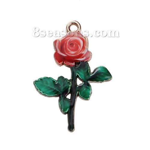 Picture of Zinc Based Alloy Charms Rose Flower Gold Plated Red & Green Enamel 29mm(1 1/8") x 20mm( 6/8"), 10 PCs