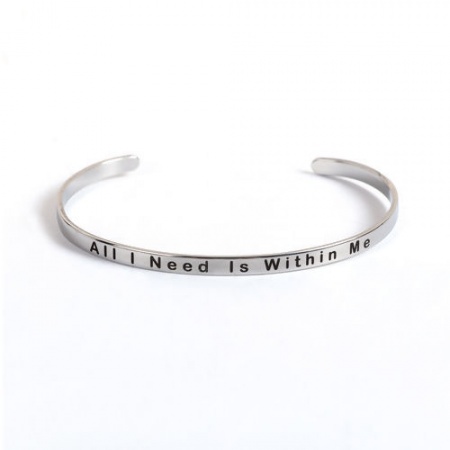 Picture of Wholesale Message " All I Need Is Within Me " Stainless Steel Open Cuff Bangles Bracelets, Silver Tone Women's Positive Quotes Energy Minimalist Gift Jewelry Supply, 16.7cm(6 5/8") long, 1 Piece