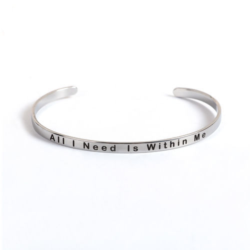 Bild von Edelstahl Positive Zitate Energie Offen Manschette Armreife Armband Silberfarbe Message " All I Need Is Within Me " 16.7cm lang, 1 Stück