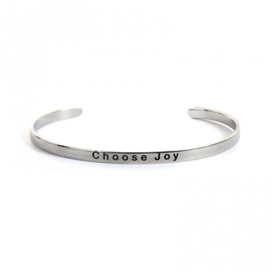 Picture of Stainless Steel Positive Quotes Energy Open Cuff Bangles Bracelets Silver Tone Message " Fearless " 16.7cm(6 5/8") long, 1 Piece