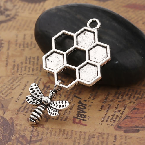 Picture of Zinc Based Alloy Pendants Honeycomb Antique Silver Color Bee 47mm(1 7/8") x 24mm(1"), 5 PCs