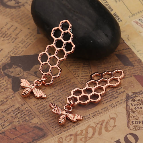 Picture of Zinc Based Alloy Pendants Honeycomb Rose Gold Bee 46mm(1 6/8") x 16mm( 5/8"), 10 PCs