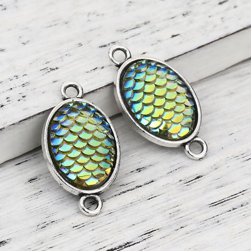 Picture of Zinc Based Alloy & Resin Mermaid Fish/ Dragon Scale Connectors Oval Antique Silver Color Blue AB Color 29mm x 16mm, 10 PCs