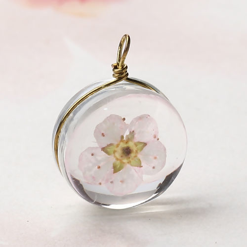 Image de Breloques en Laiton+Verre Rond Fleur Séchée Rose Transparent 19mm x 14mm, 2 Pcs