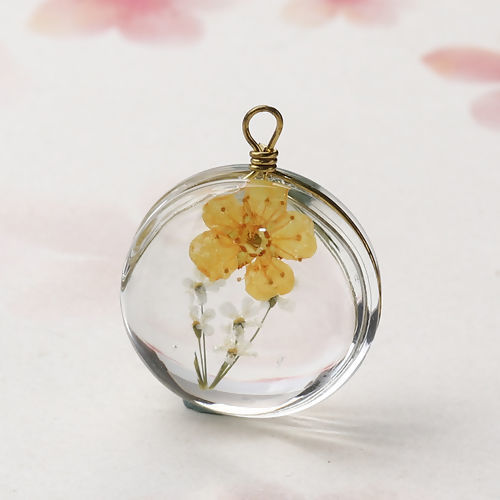 Image de Breloques en Laiton+Verre Rond Fleur Séchée Orange Transparent 23mm x 18mm, 2 Pcs