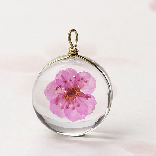 Image de Breloques en Laiton+Verre Rond Fleur Séchée Rose Transparent 19mm x 14mm, 2 Pcs