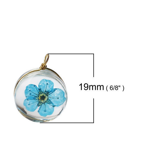 Image de Breloques en Laiton+Verre Rond Fleur Séchée Bleu Lac Transparent 19mm x 14mm, 2 Pcs