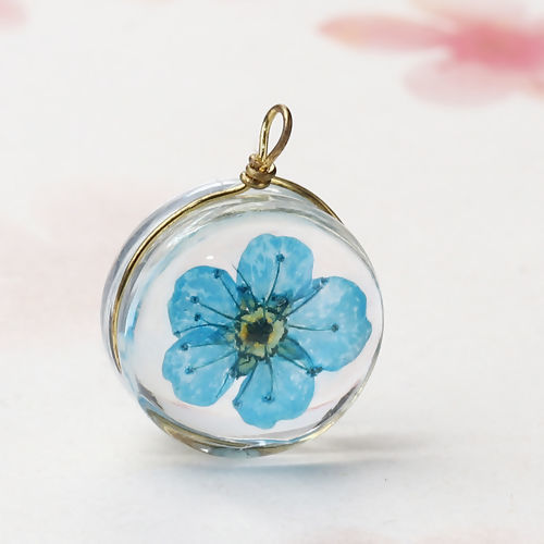 Image de Breloques en Laiton+Verre Rond Fleur Séchée Bleu Lac Transparent 19mm x 14mm, 2 Pcs