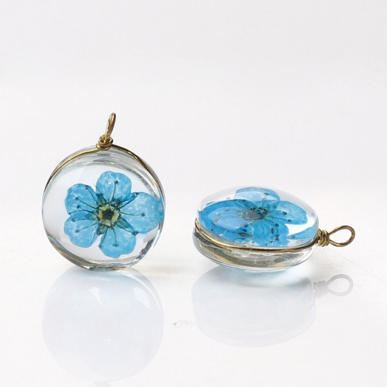 Image de Breloques en Laiton+Verre Rond Fleur Séchée Bleu Lac Transparent 19mm x 14mm, 2 Pcs