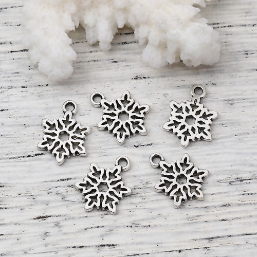 Picture of Zinc Based Alloy Charms Christmas Snowflake Antique Silver Color 15mm( 5/8") x 11mm( 3/8"), 100 PCs