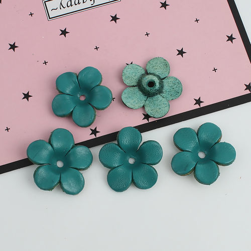 Picture of Real Leather Earring Components Pendants Green Blue Flower 26mm x25mm(1" x1") - 25mm x24mm(1" x1"), 3 PCs