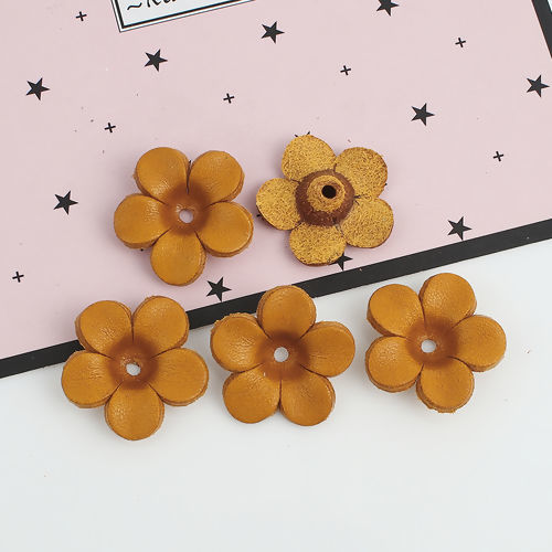 Picture of Real Leather Earring Components Pendants Khaki Flower 26mm x25mm(1" x1") - 25mm x24mm(1" x1"), 3 PCs